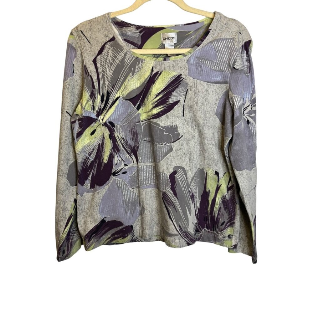 Chico's Blouse Women's Large Floral Long Sleeve Office Gray Purple‎ Chico's 2